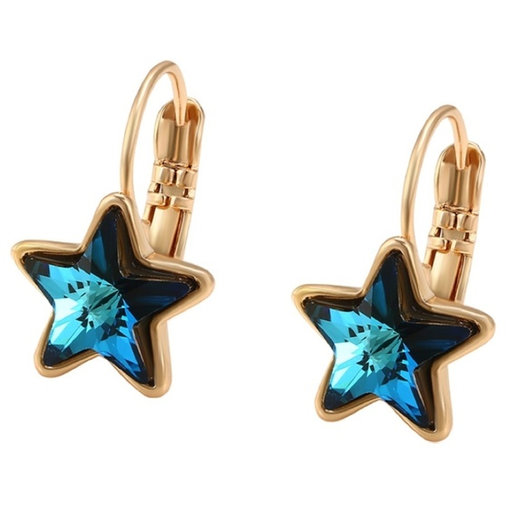 Jewelry - Goldtone Star Leverback Earrings in Bermuda Blue Swarovski Crystals